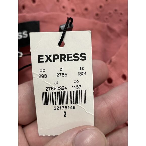 Express Skirt Womens 2 Pink Eyelet Ruffle Tiered Lined Mini Summer Boho Cotton - Picture 8 of 10